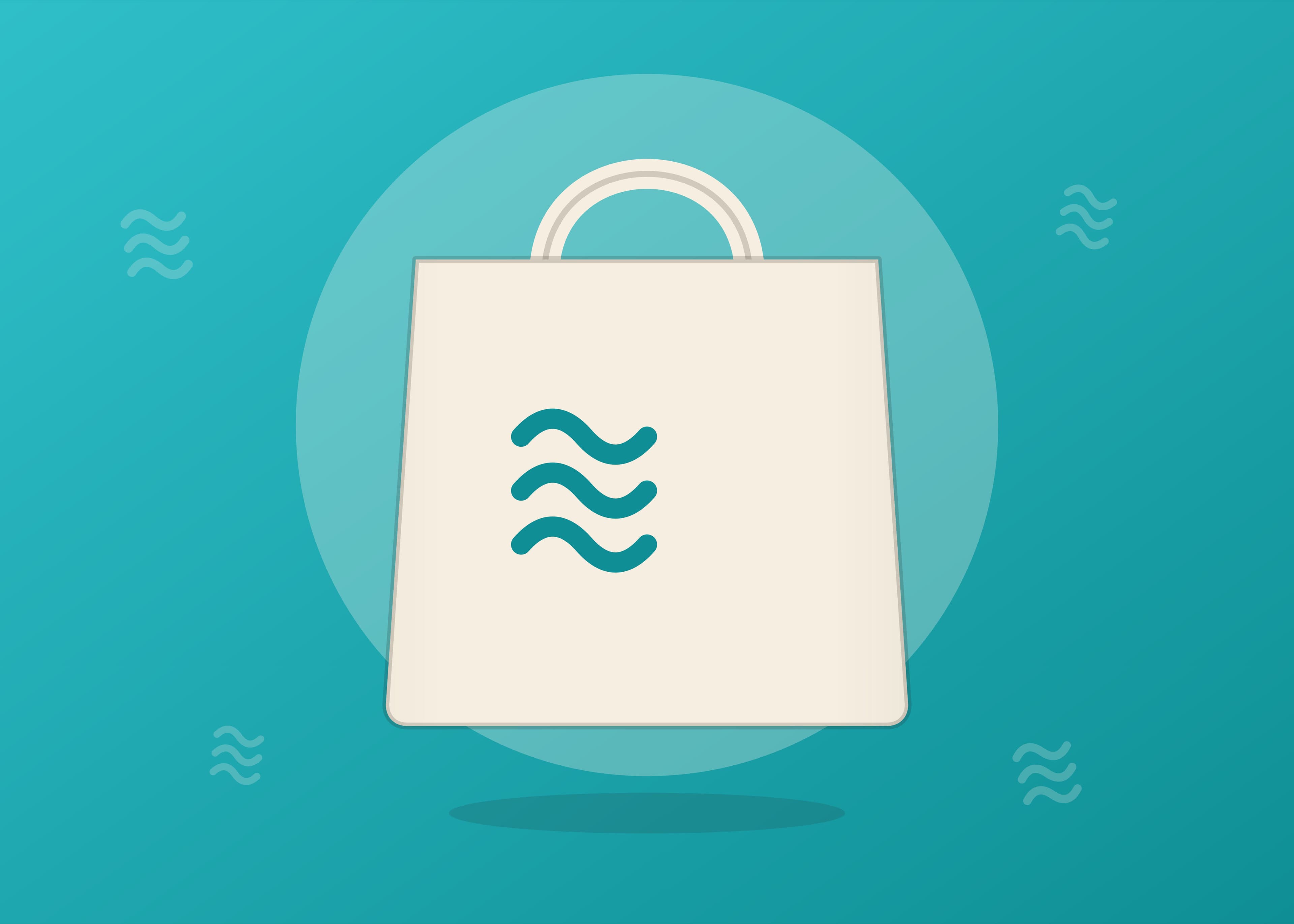 Tote bag écru à motif vagues sur fond turquoise